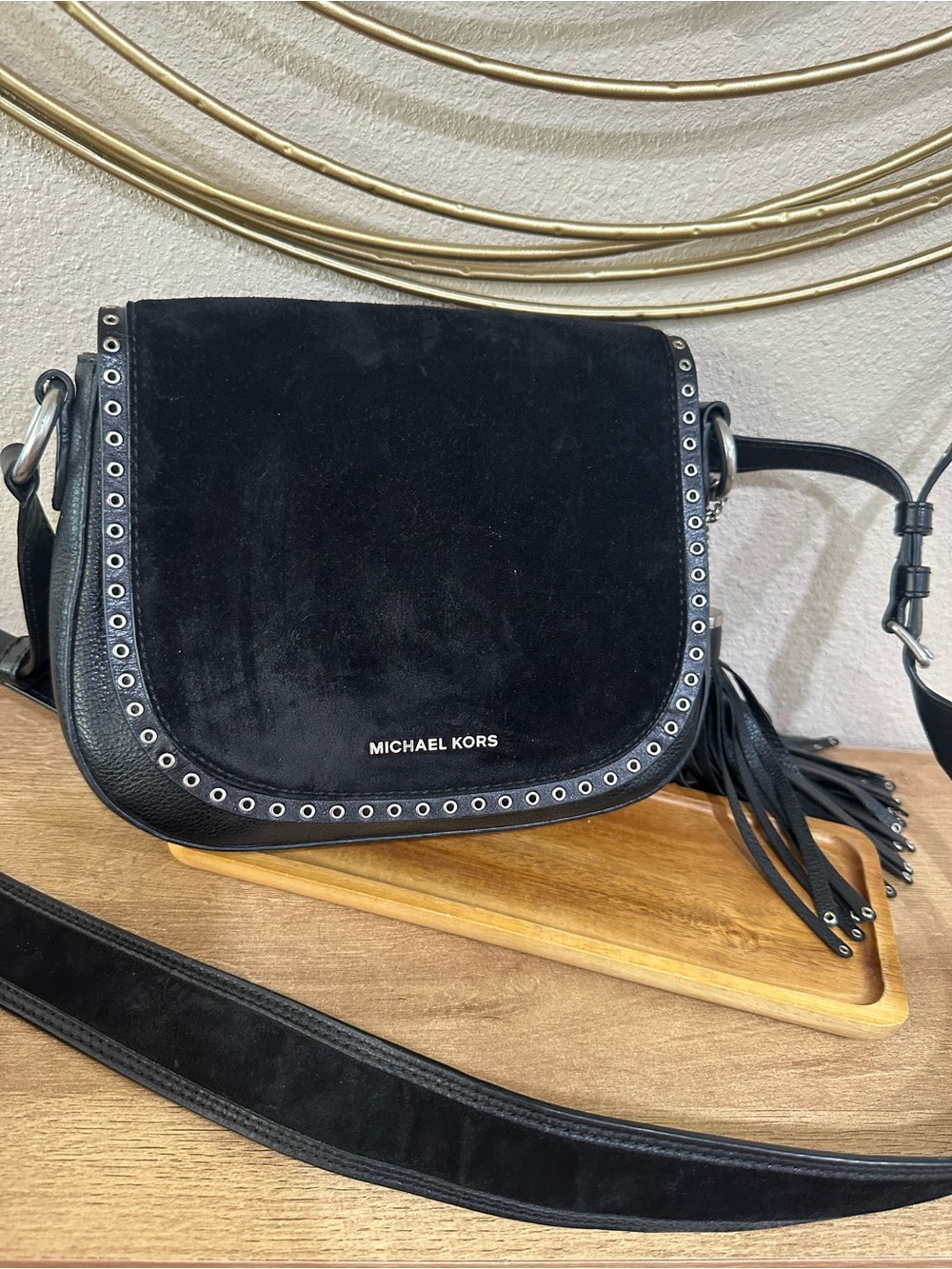 Michael Kors MK Black Brooklyn Leather & Suede Crossbody Shoulder Saddle Bag